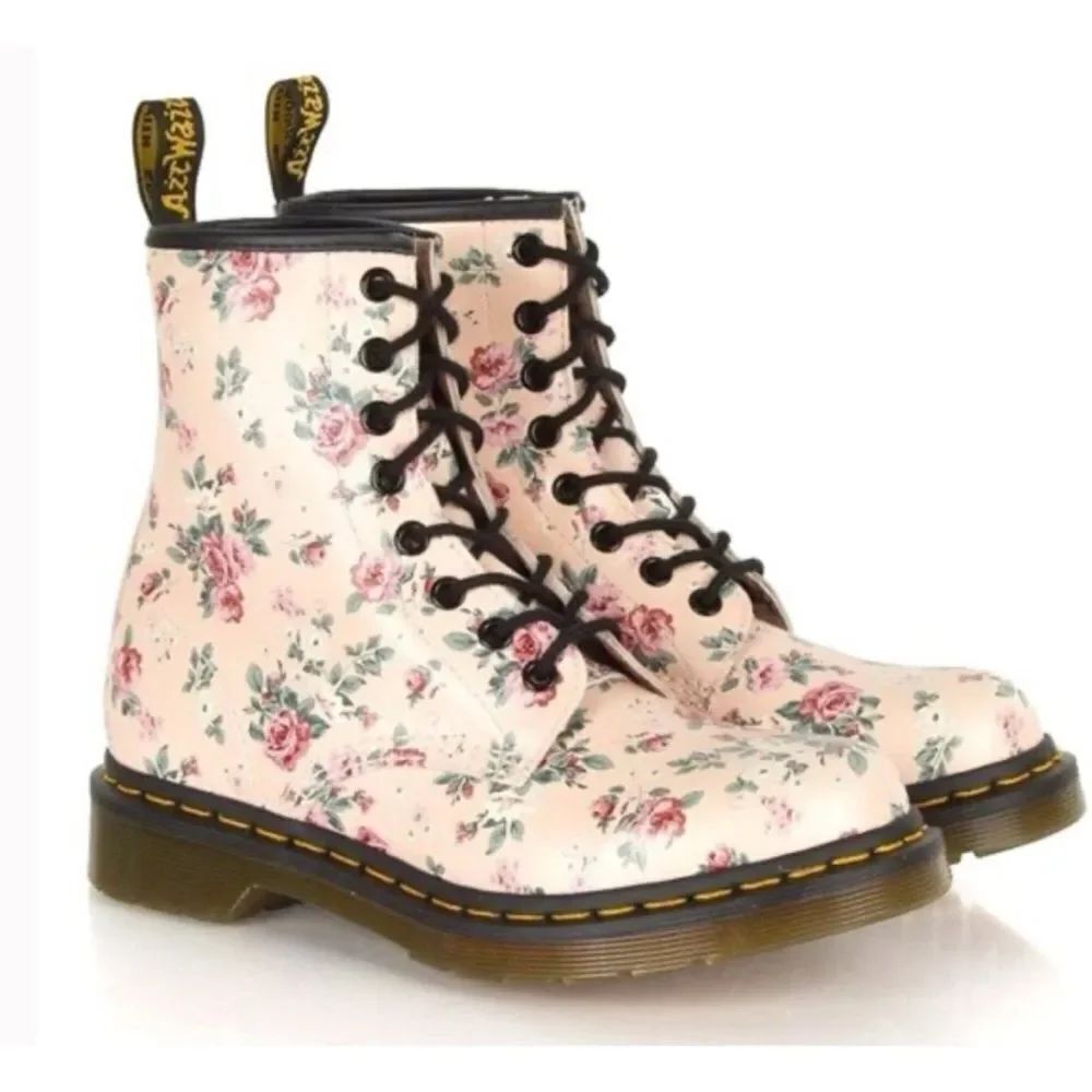 Dr. Martens Vintage Rose 1460 Pascal Ankle Boots Pink Floral Lace Up Size 7